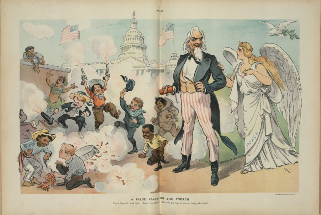 Američka deca mnogih nacionalnosti bučno slave 4. jul - Puck strip, 1902. 